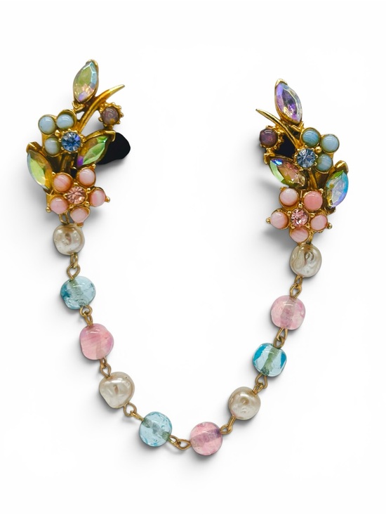Florenza Jewelry - Signed Vintage Florenza Victorian Revival Floral Pearl & Rhinestone Sweater Clip